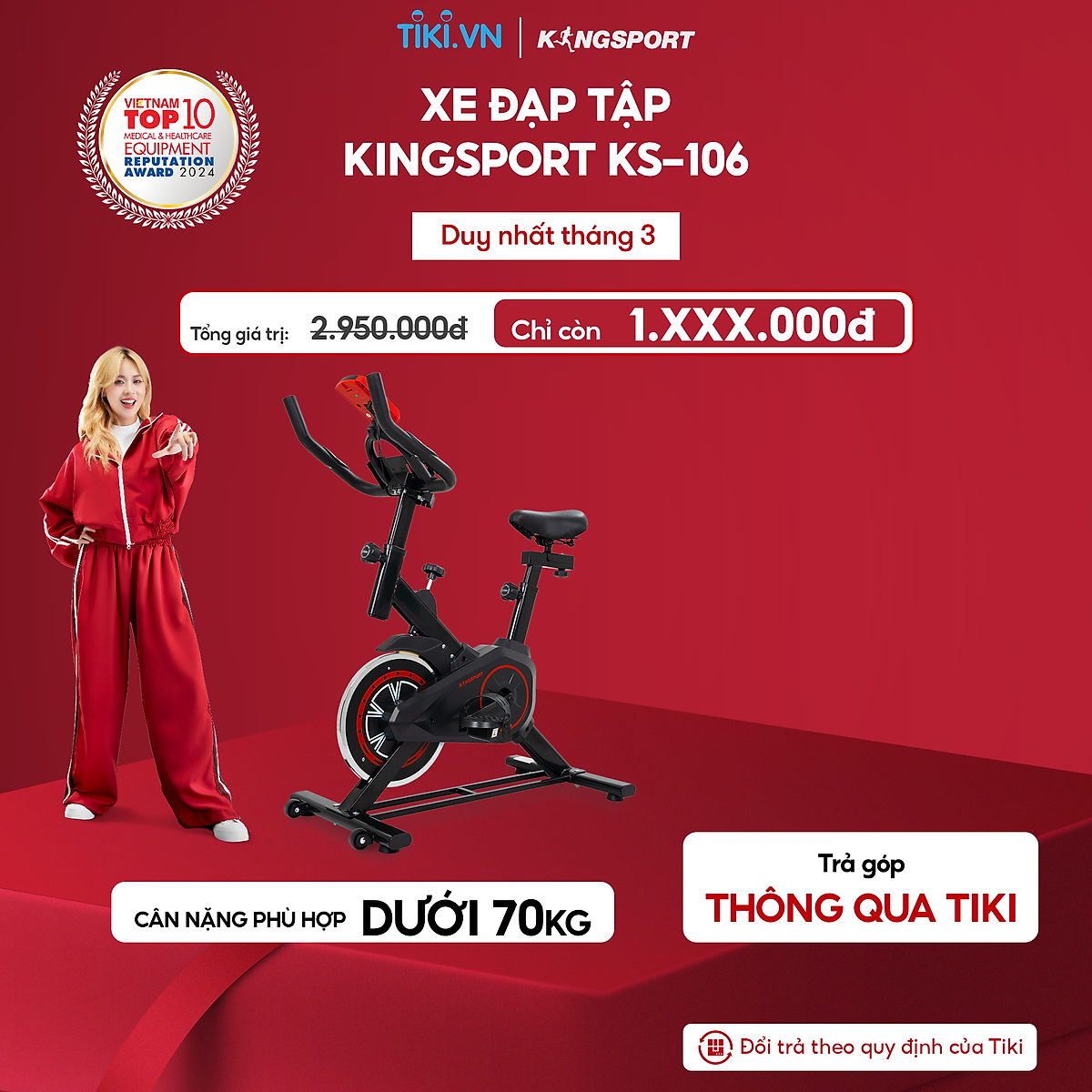 Xe đạp tập KINGSPORT KS-106 khung, khung sườn chắc chắn, tích hợp đồng hồ đo lường chỉ số, cân nặng phù hợp từ dưới 70kg