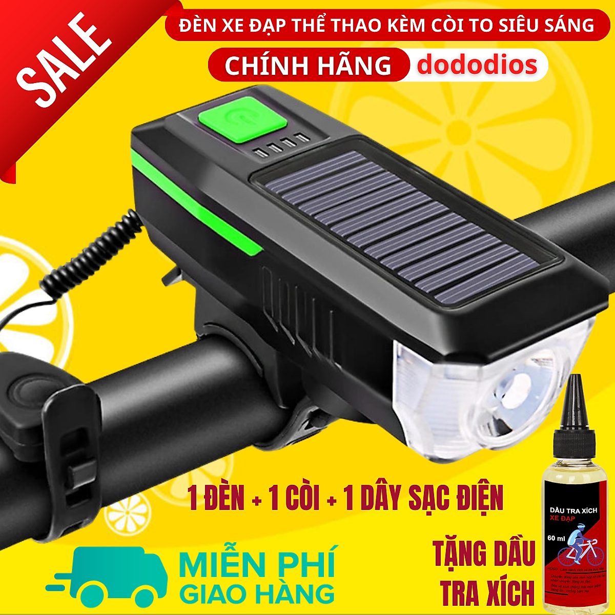Đèn xe đạp thể thao dododios siêu sáng có còi pin sạc usb led T6 chống nước - Hàng chính hãng