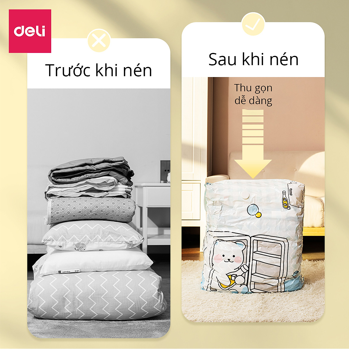 Túi Hút Chân Không Đựng Quần Áo Chăn Ga Gối , Thú Bông Deli - Loại Dày Cao Cấp Bọc Để Chăn Màn 2 Lớp Khóa Zip Chống Rò Rỉ Hơi Bảo Vệ Quần Áo, Chăn Ga Khỏi Ẩm, Nấm Mốc, Chống Nước Tuyệt Đối