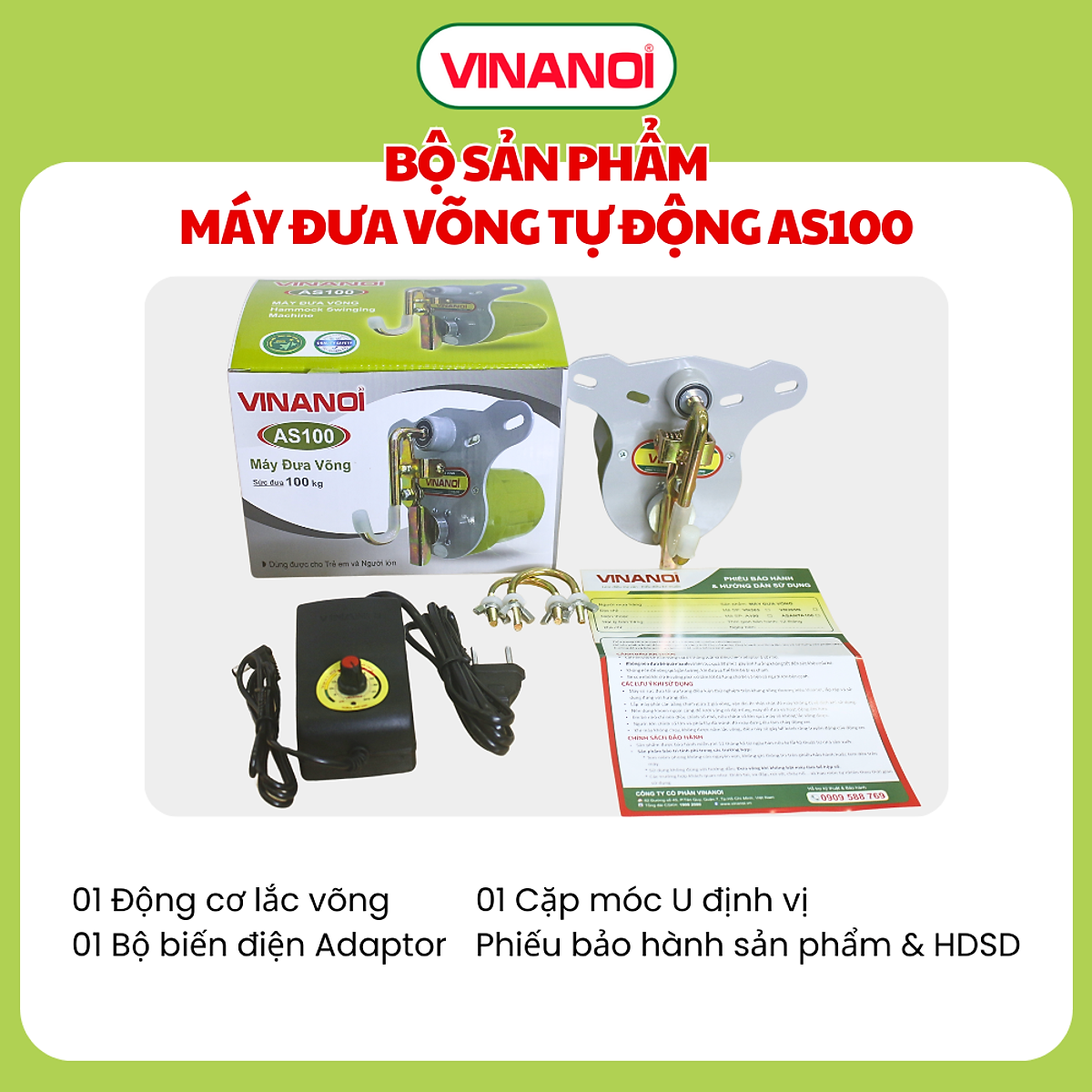 Máy Đưa Võng Tự Động Cao Cấp Vinanoi Asanta AS100 - Sức Đưa 100 Kg Cho Cả Mẹ Và Bé, Dùng Điện 110-220v và pin sạc dự phòng