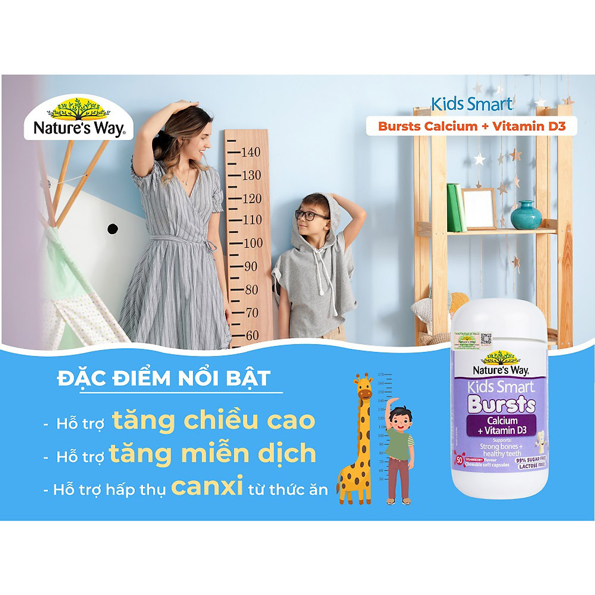 Nature’s Way Kids Smart Bursts Calcium - Bổ sung Vitamin D3 giúp hấp thụ Canxi cho bé từ 6 tháng tuổi nhập khẩu từ Úc (50 viên/ lọ)