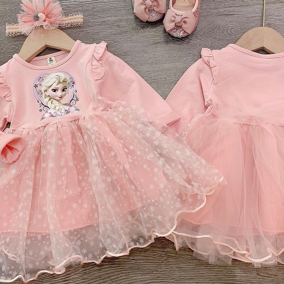 Đầm công chúa elsa cho bé gái váy cotton phối lưới đính sao lấp lánh