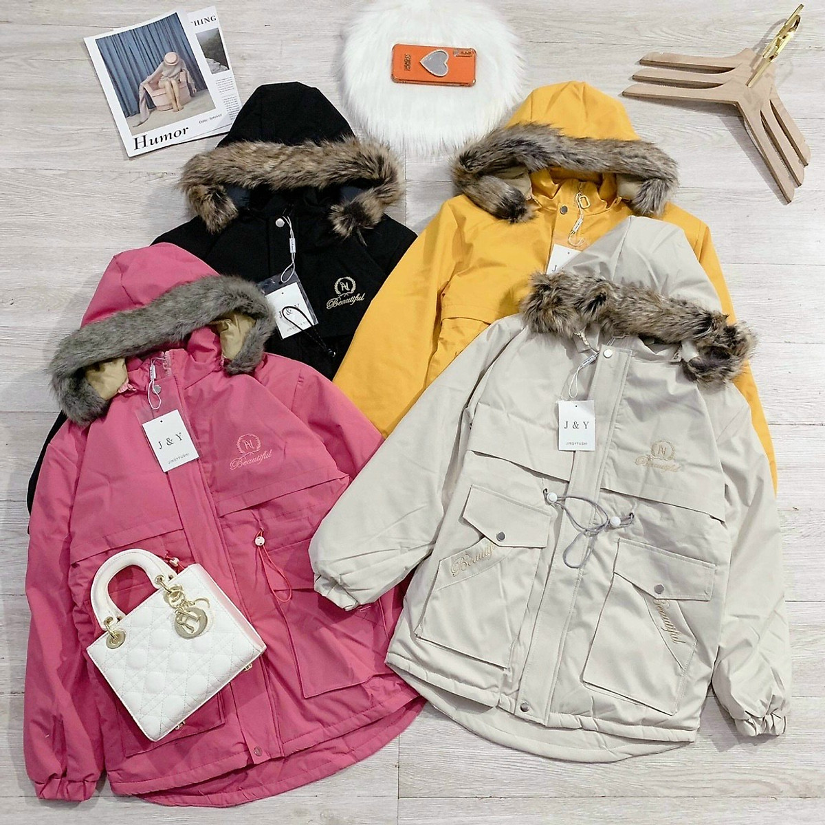 Áo Phao Nữ Hàn Quốc Dáng Dài , Áo Khoác Parka Nữ Lót Lông Có Dây Rút