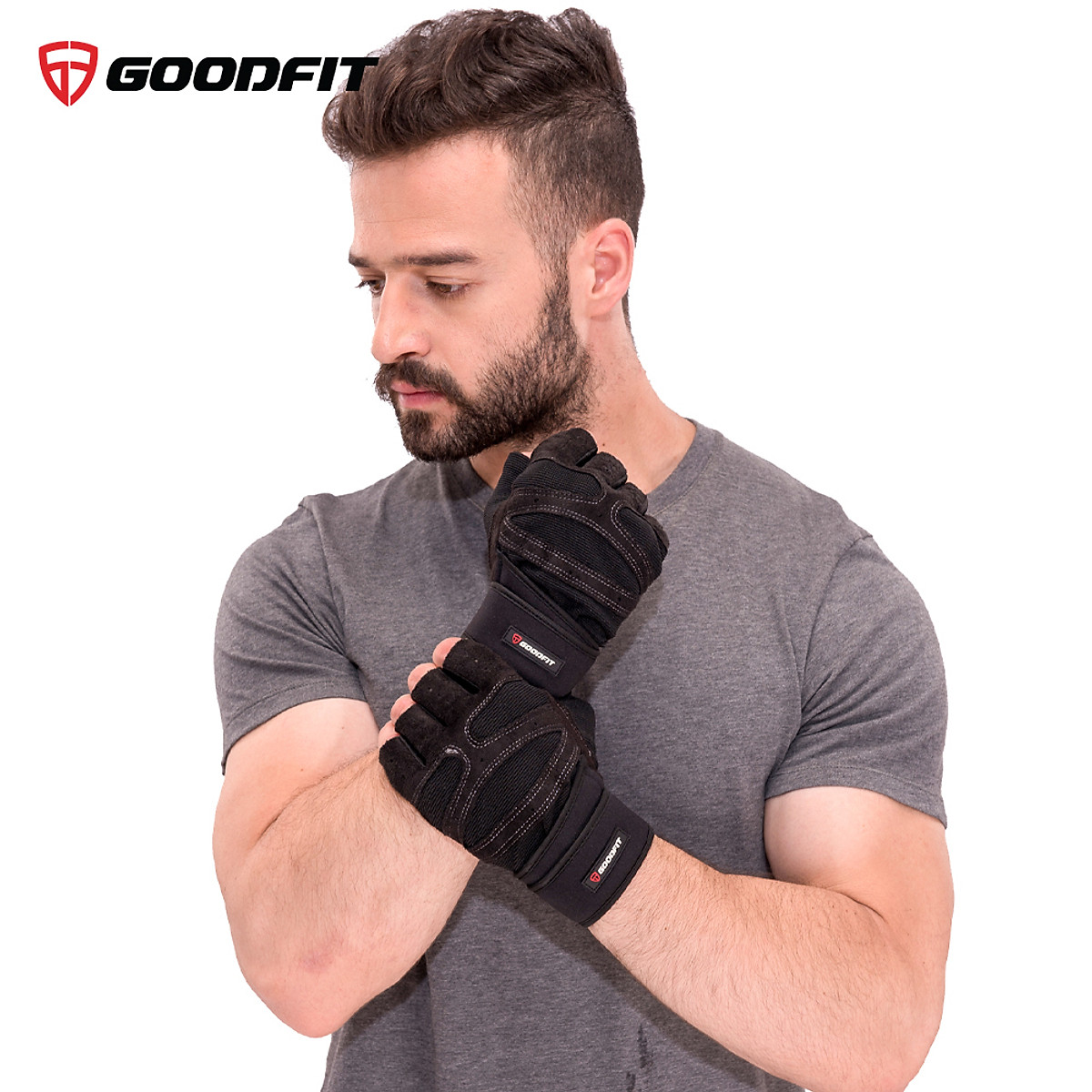 Găng tay tập gym nữ/nam hở ngón, bao tay tập Gym nữ/nam có quấn trợ lực cổ tay, đệm Silicone chống trượt GoodFit GF201G