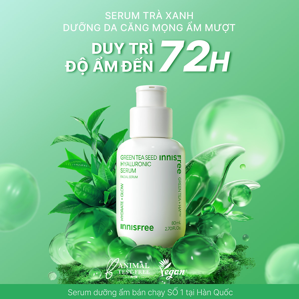 Tinh chất innisfree Green Tea Seed Hyaluronic Serum 2023 Nano 5 loại HA cấp nước tức thì cho da 80mL
