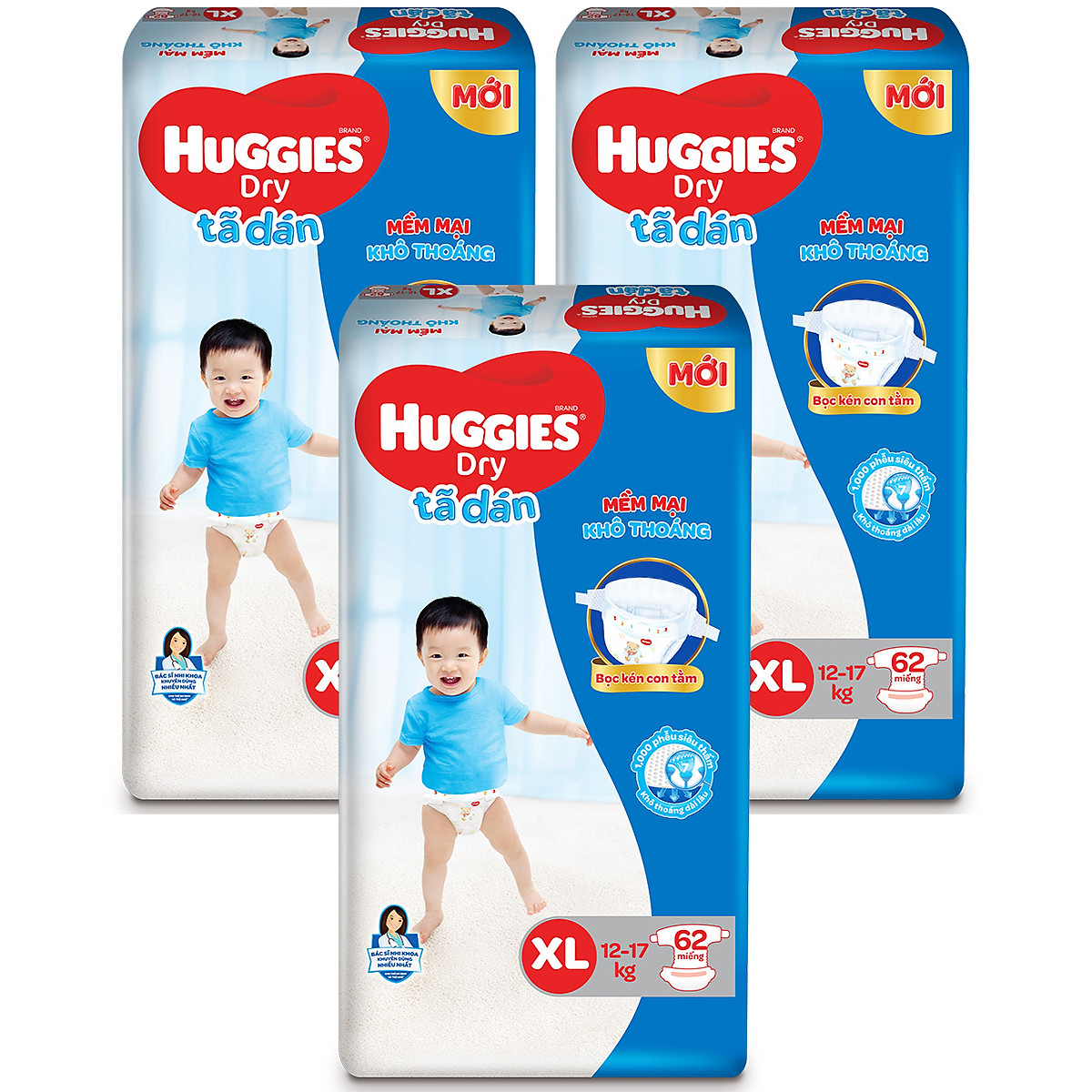 Combo 3 Gói Tã Dán Huggies Dry Gói Cực Đại XL62 (62 Miếng) - Bao Bì Mới