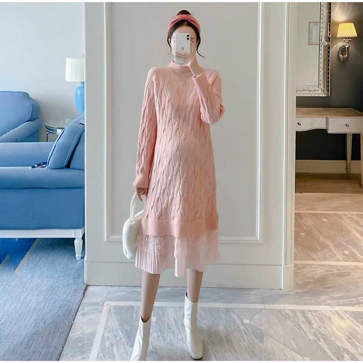 Video thật  Váy len suông dành cho bà bầu mùa đông ấm áp chân voan tay và  cổ bèo B24  Shopee Việt Nam