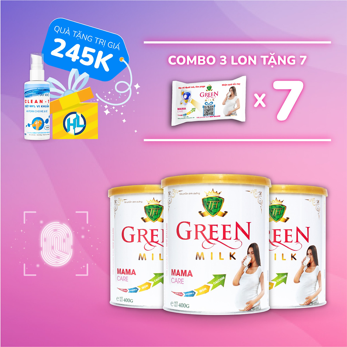(Tặng 7 Gói Sữa + Gel rửa tay) Bộ 3 Lon Sữa Non Cho Mẹ Bầu GreenMilk Bổ Sung Canxi Dinh Dưỡng Thai Kỳ (400g)