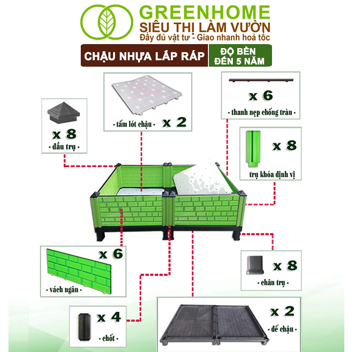 Chậu Trồng Cây Greenhome, Nhựa Nguyên Sinh Lắp Ráp, Nhiều Kích Thước, Trồng Hoa Hồng, Rau, Củ, Quả, Độ Bền 5 Năm