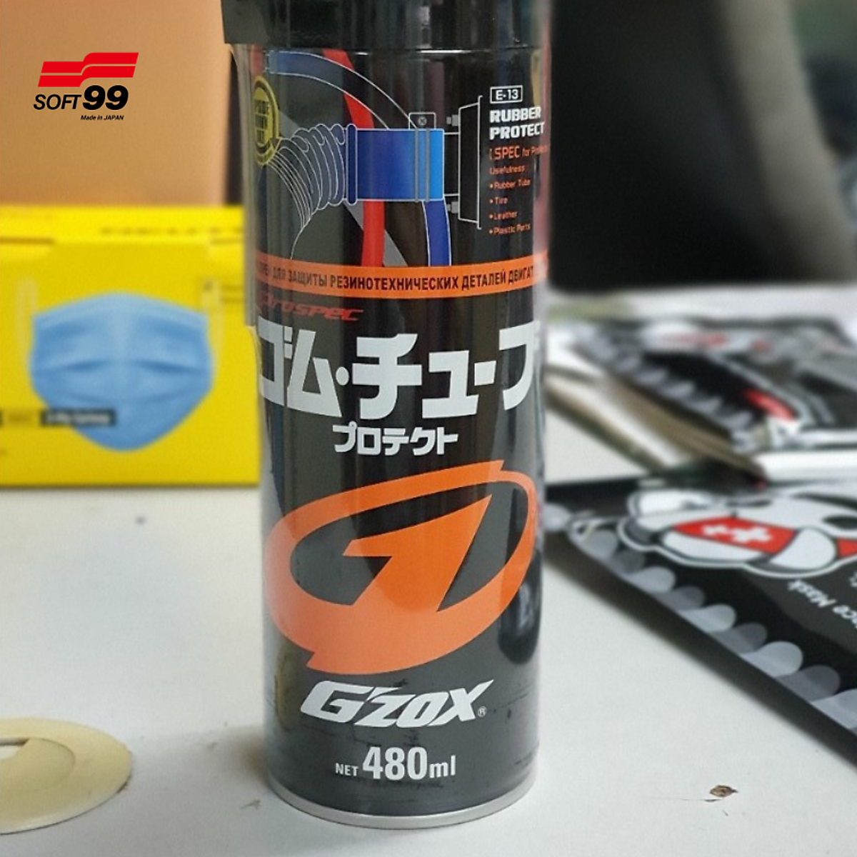 Chai xịt bảo dưỡng nhựa nhám, cao su, bề mặt da ô tô, xe máy G’zox Rubber Protect E-13 Soft99 480ml