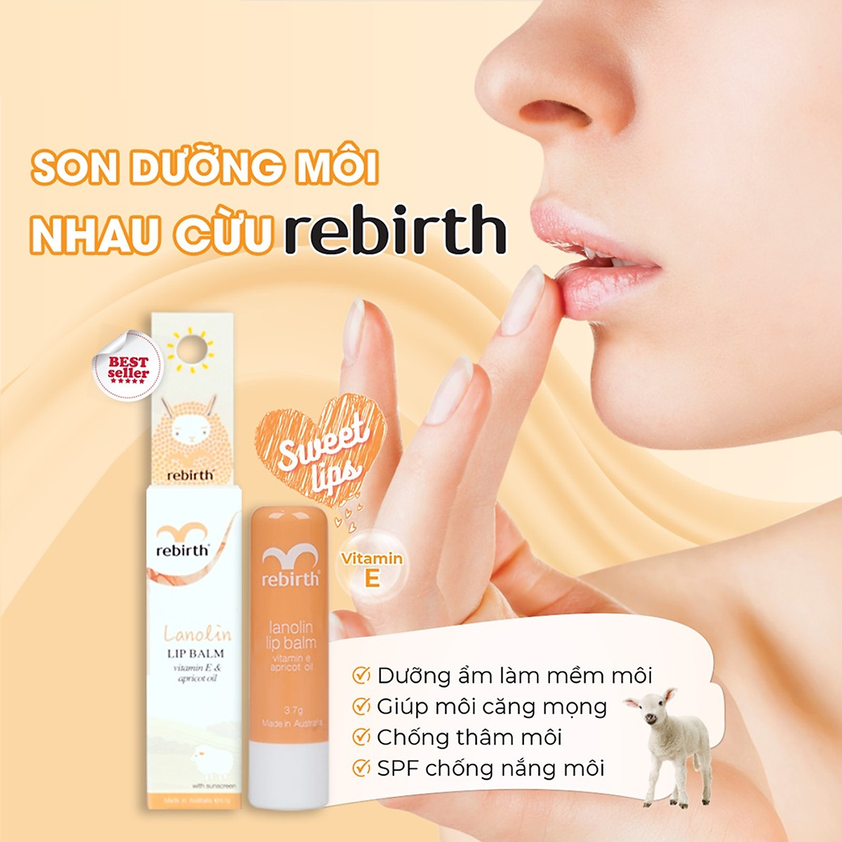 Son Dưỡng Môi Nhau Thai Cừu Rebirth Với Vitamin E và Dầu Mơ 3.7g