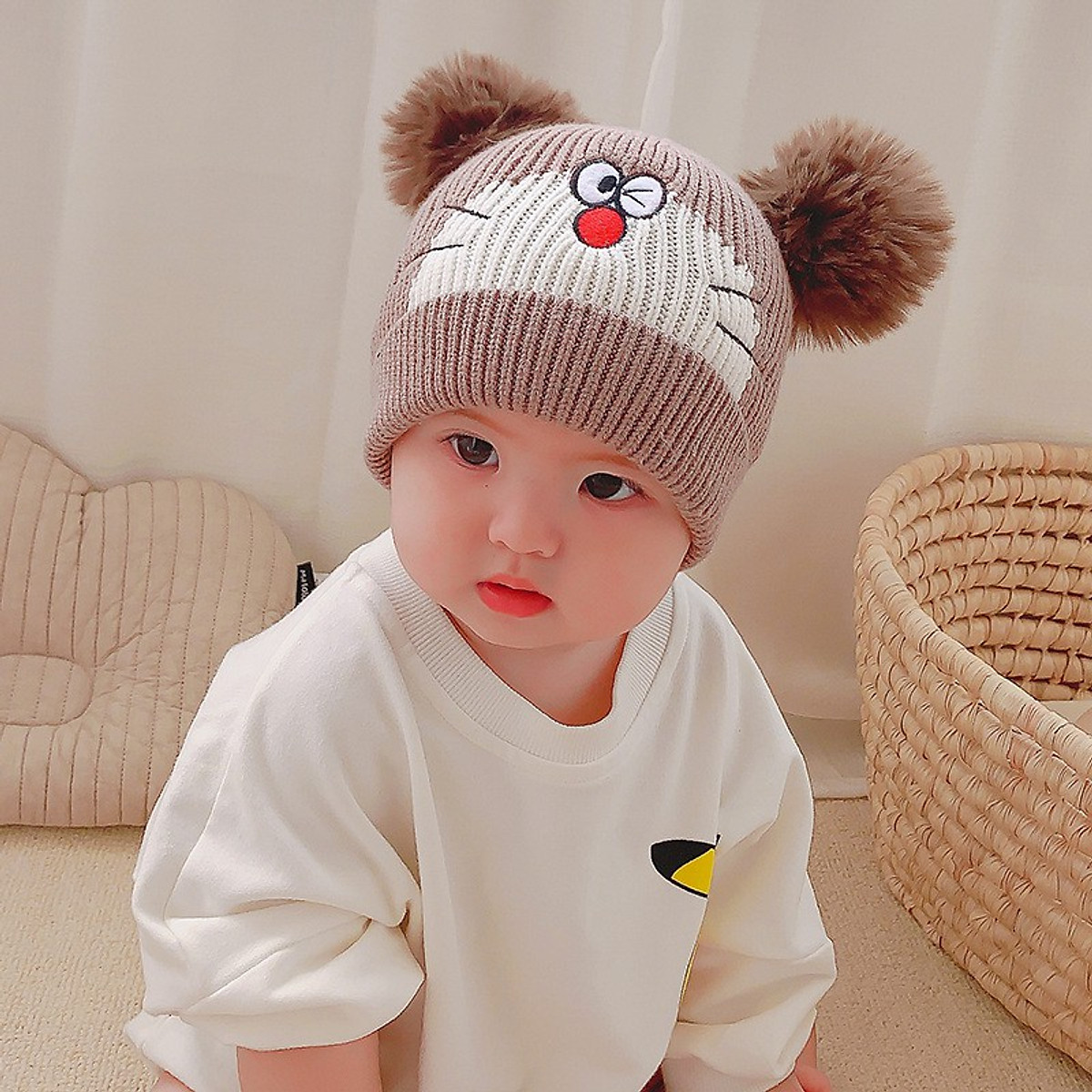 Mũ len hai quả bông lót vải nỉ hình chú mèo dễ thương cho bé từ