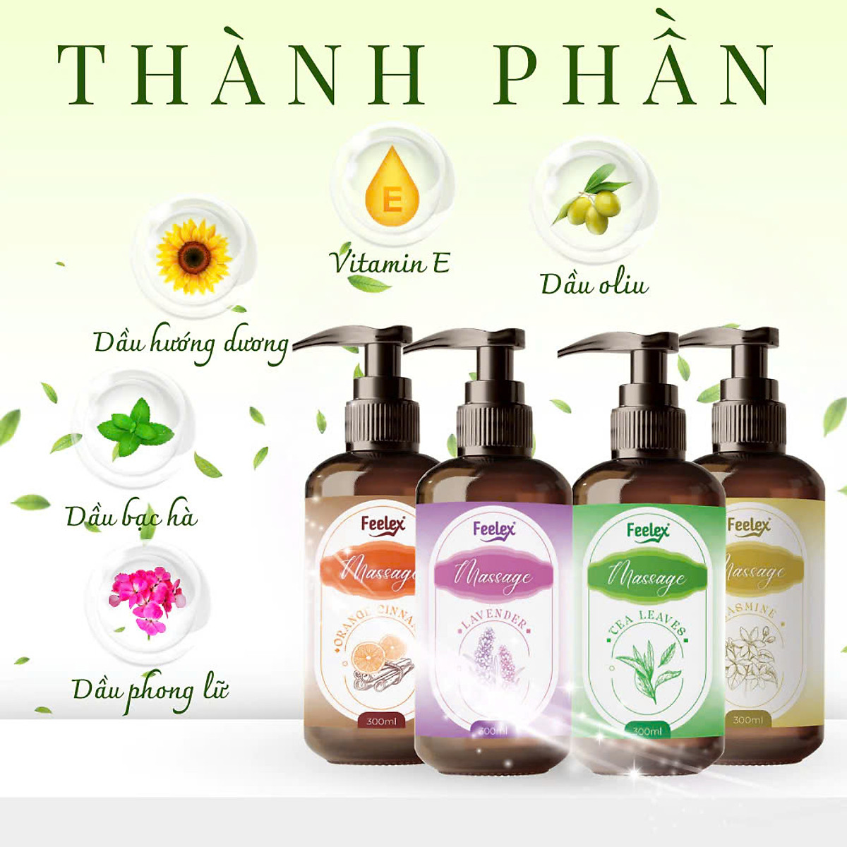 Dầu massage body Feelex toàn thân cho nam và nữ, nhiều mùi hương, dung tích 300ml