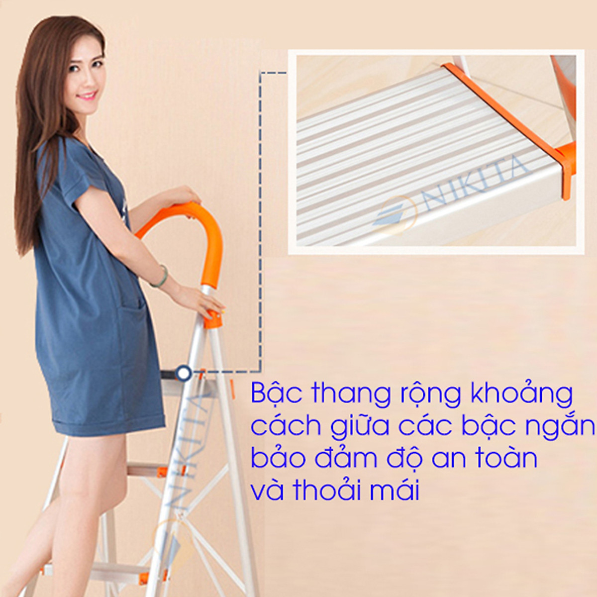 Thang ghế tay vịn gia đình xếp gọn, bậc thang to kèm tay vịn đảm bảo an toàn -Hàng chính hãng NIKITA