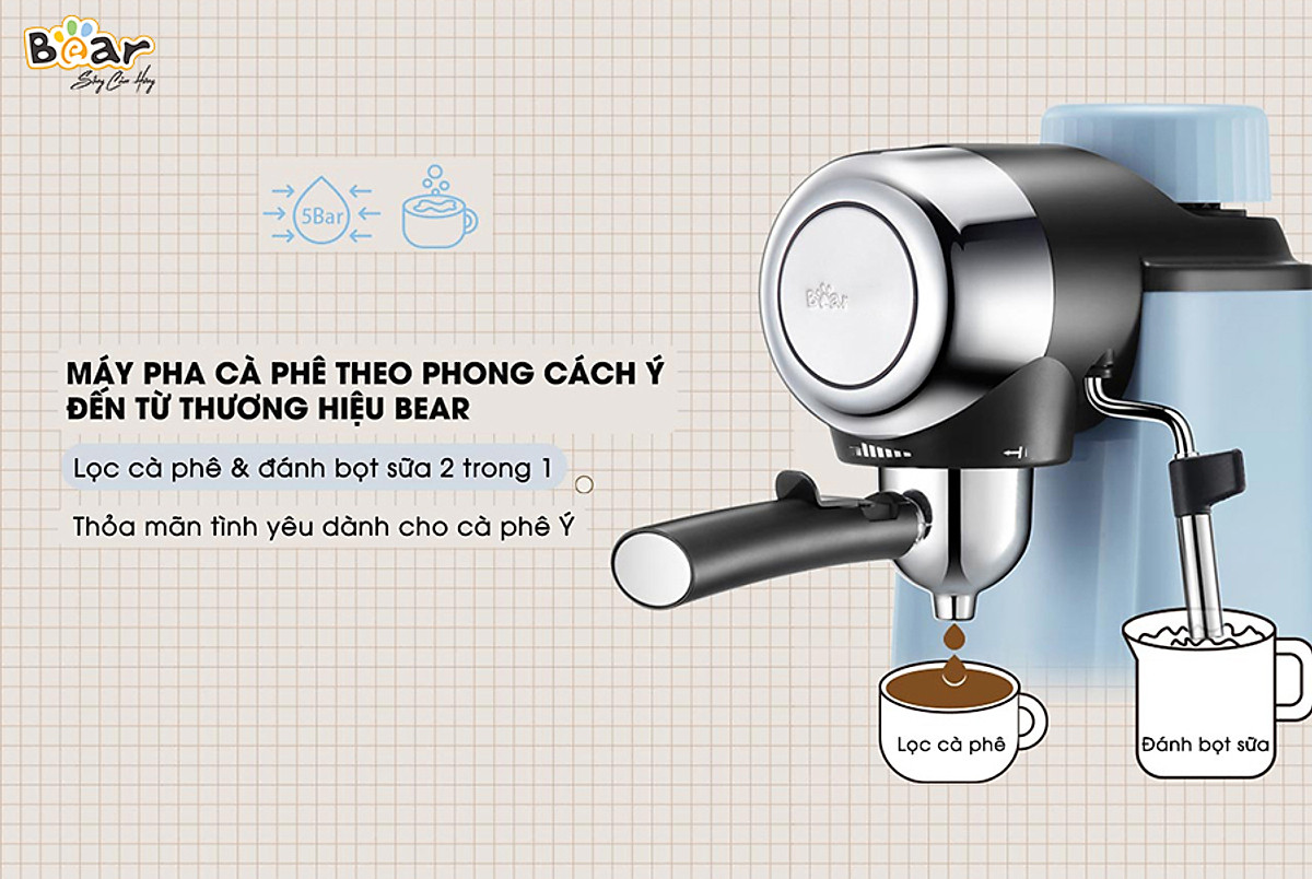 Máy Pha Cà Phê Bear KFJ-A02N1 Pha Nespresso, Americano, Cappuccino Tạo Bọt Sữa Dễ Dàng Có Tạo Bọt Sữa Dung Tích 240 ML Công Suất 800 W - Hàng Chính Hãng