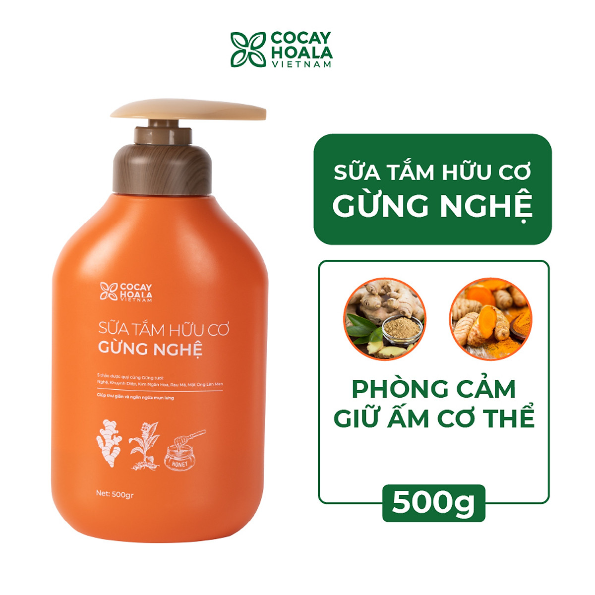 Sữa tắm thảo dược Gừng Nghệ Cỏ Cây Hoa Lá - Chiết Xuất Từ 9 Loại Thảo Dược Quý - Phòng Cảm, Tránh Gió, Dưỡng Da - Cho Con Cho Mẹ, Cho Đại Gia Đình, chai 500gr