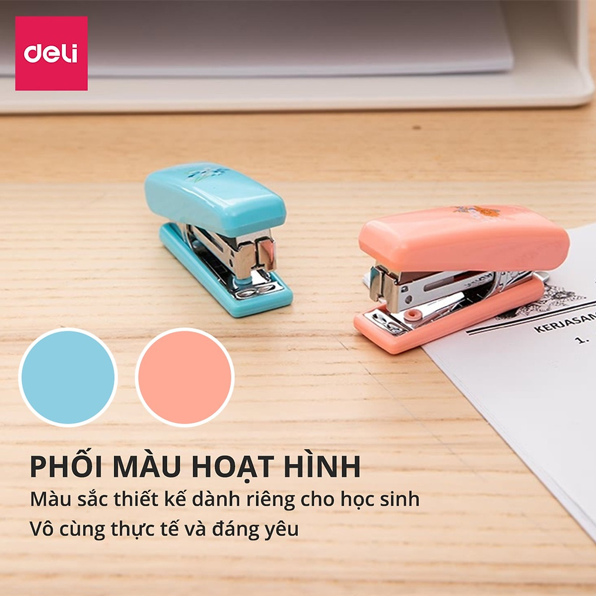 Dập ghim mini #10 Deli, 12 trang, Xanh, Hồng - 1 cái E0222