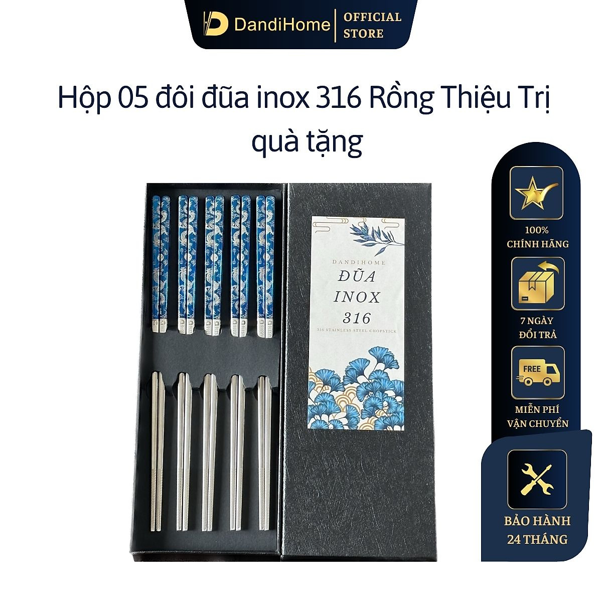 Hộp quà tặng đũa inox 316 DandiHome cao cấp mạ Titanium Plated