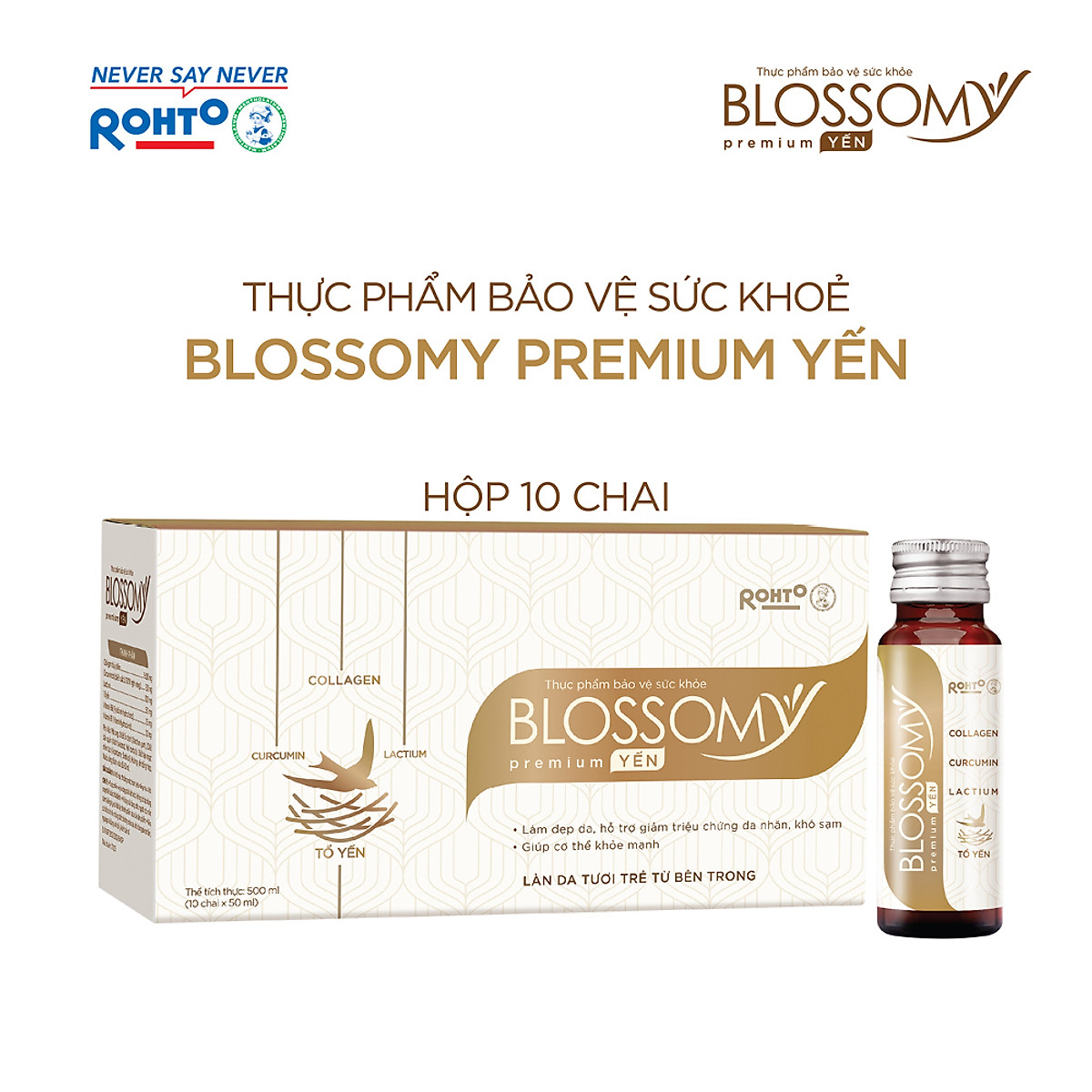 Nước uống collagen tổ yến giúp đẹp da, tăng cường sức khỏe Blossomy Premium lốc 10 chai x 50ml