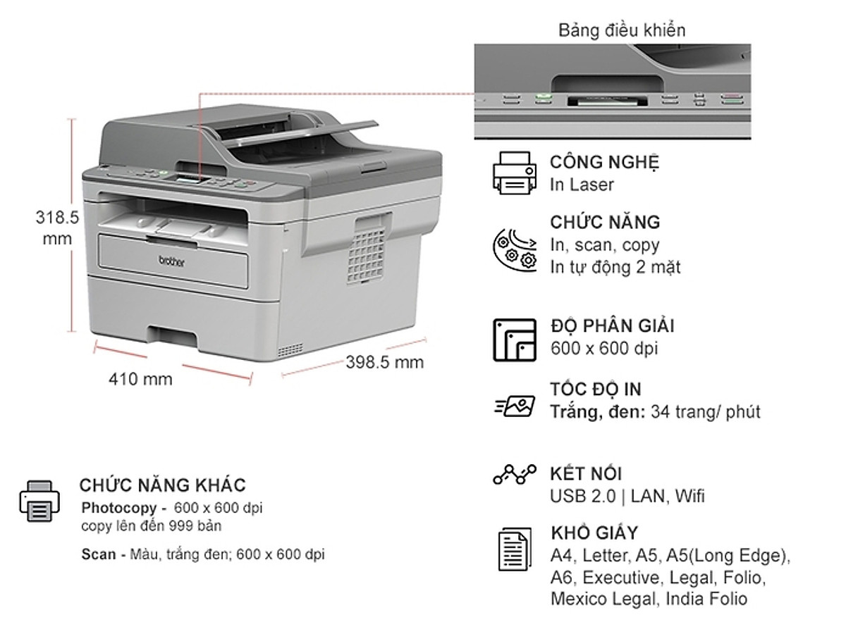Máy In Lazer Đa Năng Trắng Đen Brother DCP-B7535DW (Print, Copy, Scan, Duplex) - Hàng Chính Hãng