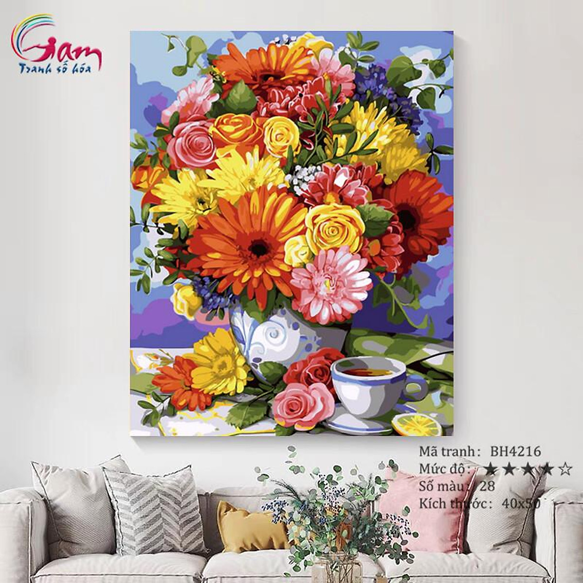 Tranh tô màu theo số tĩnh vật bình hoa và tách trà BH4216 - Tranh sơn dầu Tranh Tô Màu Theo Số Tĩnh Vật Bình Hoa Và Tách Trà Bh4216 - Tranh Sơn Dầu