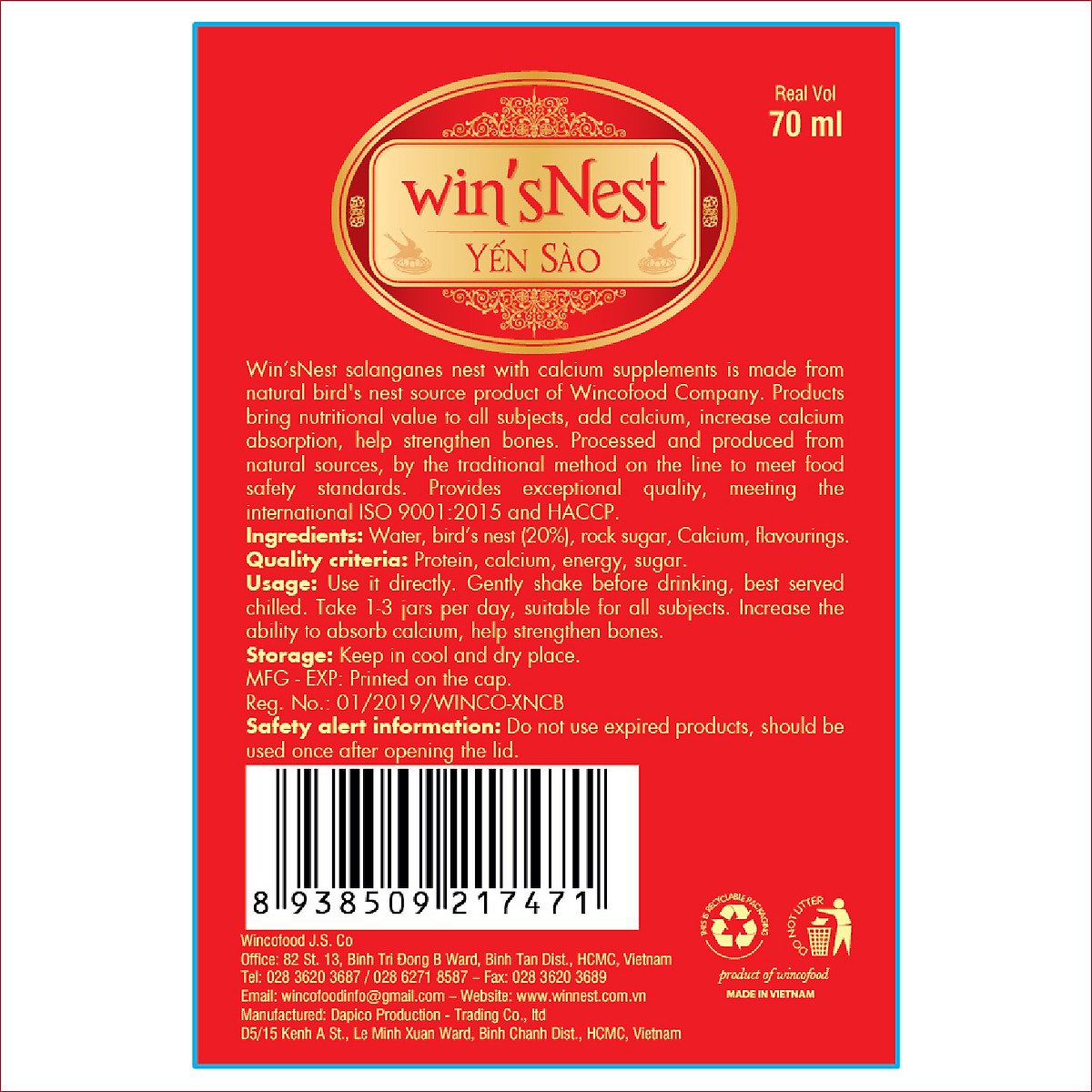 THÙNG 72 LỌ YẾN SÀO WIN'SNEST TỔ YẾN CHƯNG SẴN BỔ SUNG CANXI 20% (70ML/LỌ)