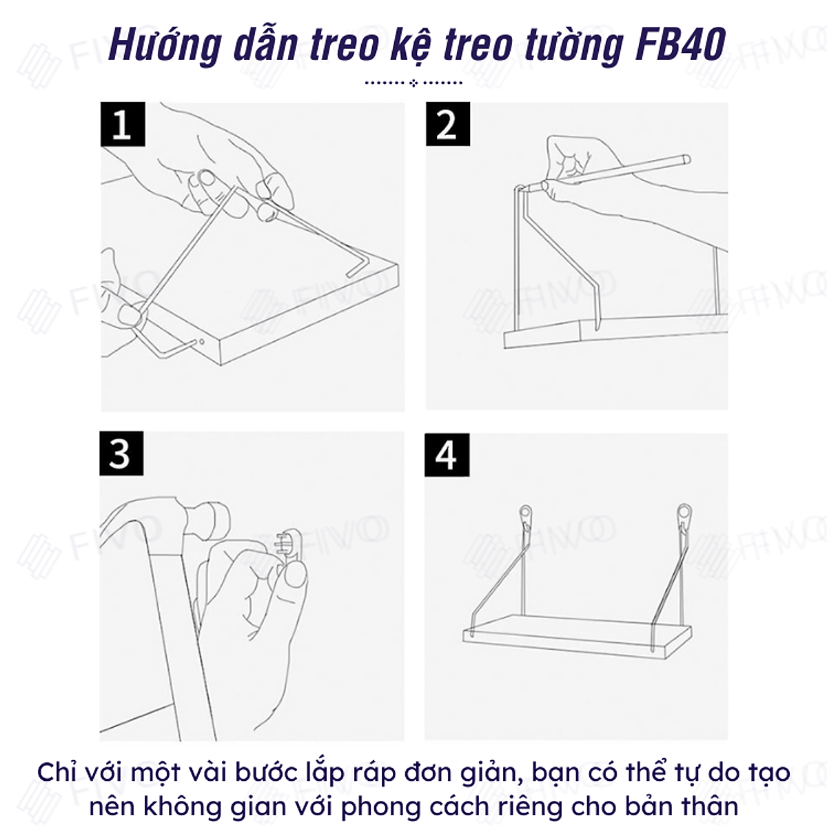 Giá Sách Treo Tường Trang Trí FIVO Mã FB40 Không Cần Khoan Tặng Kèm Đinh 4 Chân Chịu Lực Lên Đến 10KG Với Móc Inox Dễ Dàng Gắn Lên Tường