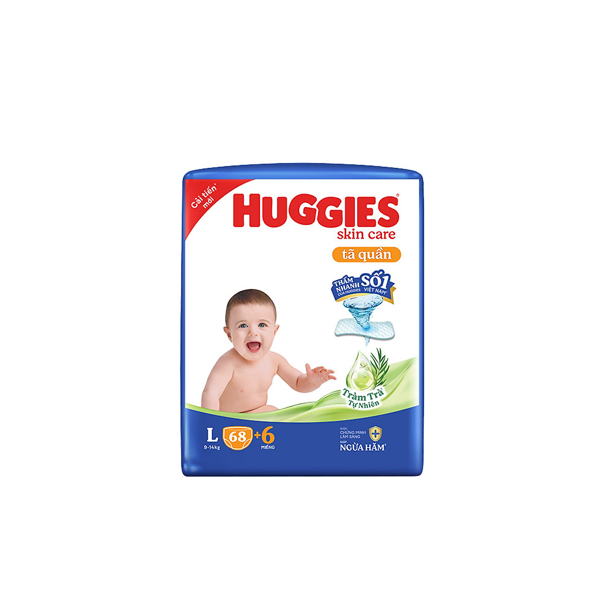 Tã quần Huggies Skin Care Super Jumbo L68+6 miếng với tràm trà dịu da