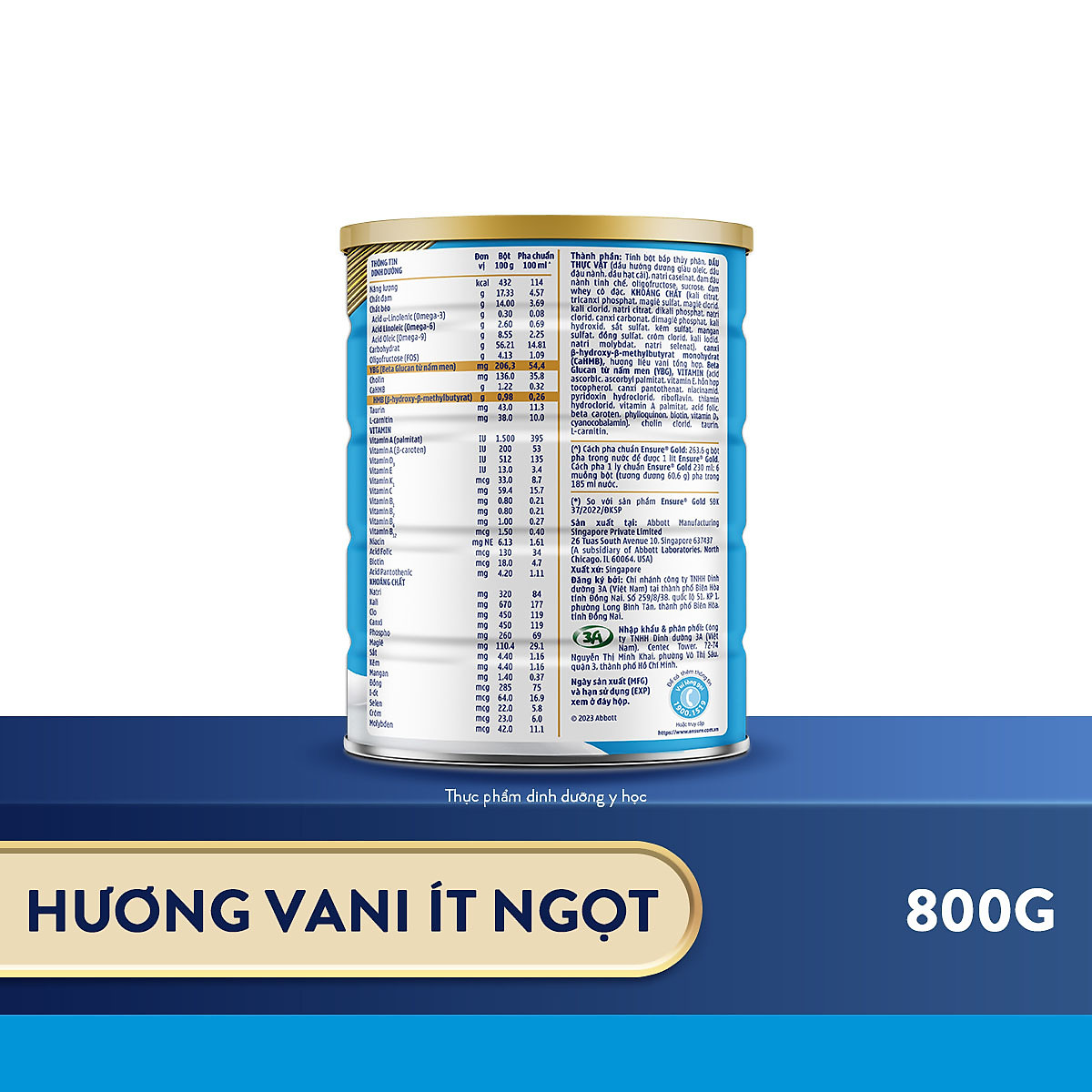 Thực phẩm dinh dưỡng y học Ensure Gold hương vani ít ngọt 800g/850g