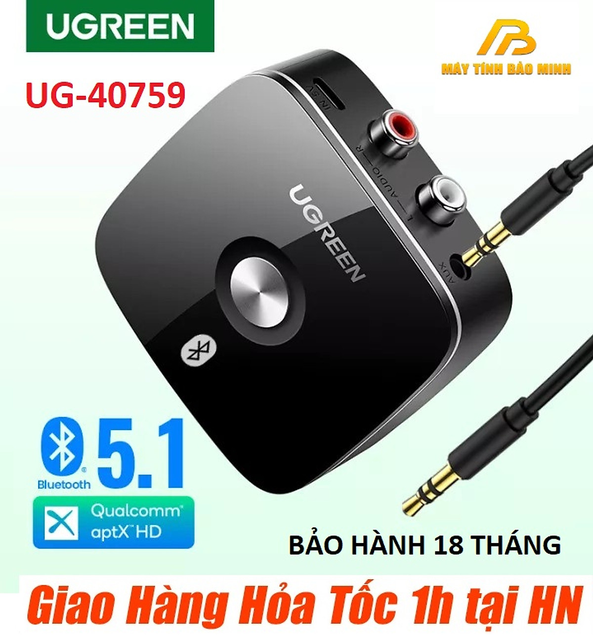 Bộ Thu Bluetooth 5.0 Cho Loa. Amly Hỗ Trợ Cổng 3.5mm + Rca Ugreen 40759 - Hàng Chính Hãng