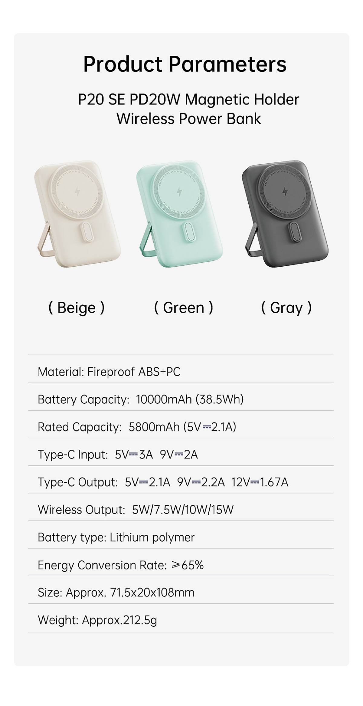 Pin sạc dự phòng không dây kèm giá đỡ điện thoại Rockspace P20 SE sạc nhanh PD 20W 10000mAh - Hàng chính hãng bảo hành 12 tháng