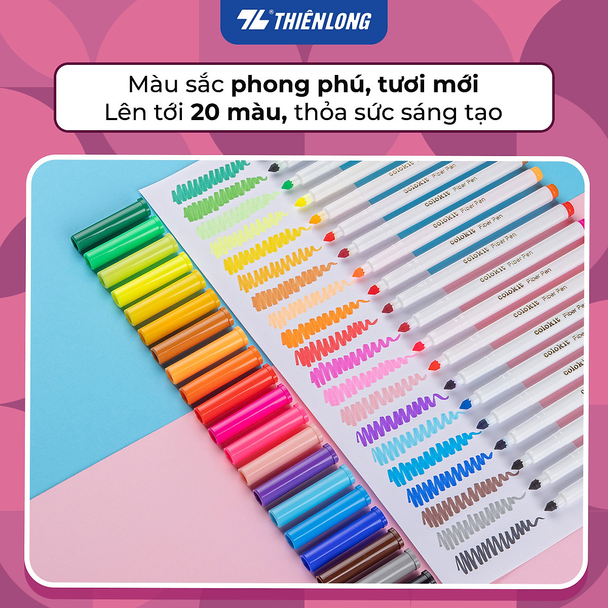 Bút lông màu Fiber Pen Thiên Long Colokit an toàn sử dụng tô màu, vẽ tranh, calligraphy, 20 màu basic FP-C03