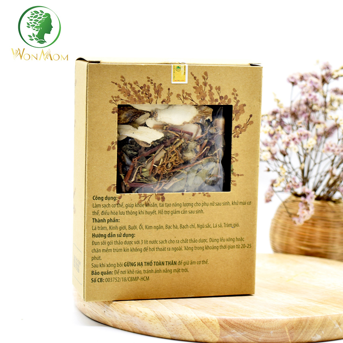 Bộ chăm sóc mẹ là siêu nhân, khử mùi, phục hồi năng lượng cho mẹ sau sinh Wonmom (1 lá xông + 1 hộp thảo mộc vệ sinh vùng kín cho mẹ)