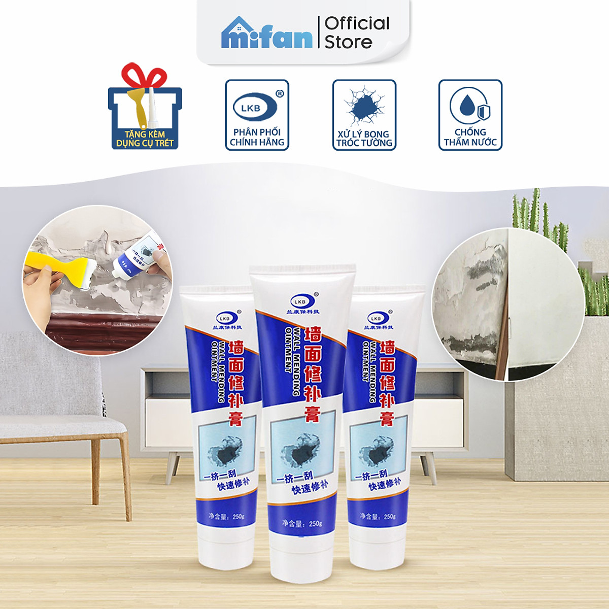 Keo Vá Tường Chống Thấm LKB 250gr - Trám Trét Vết Nứt Khe Hở Tường - Chống Mốc Ẩm Làm Sạch Tường - Mifan Hàng Chính Hãng