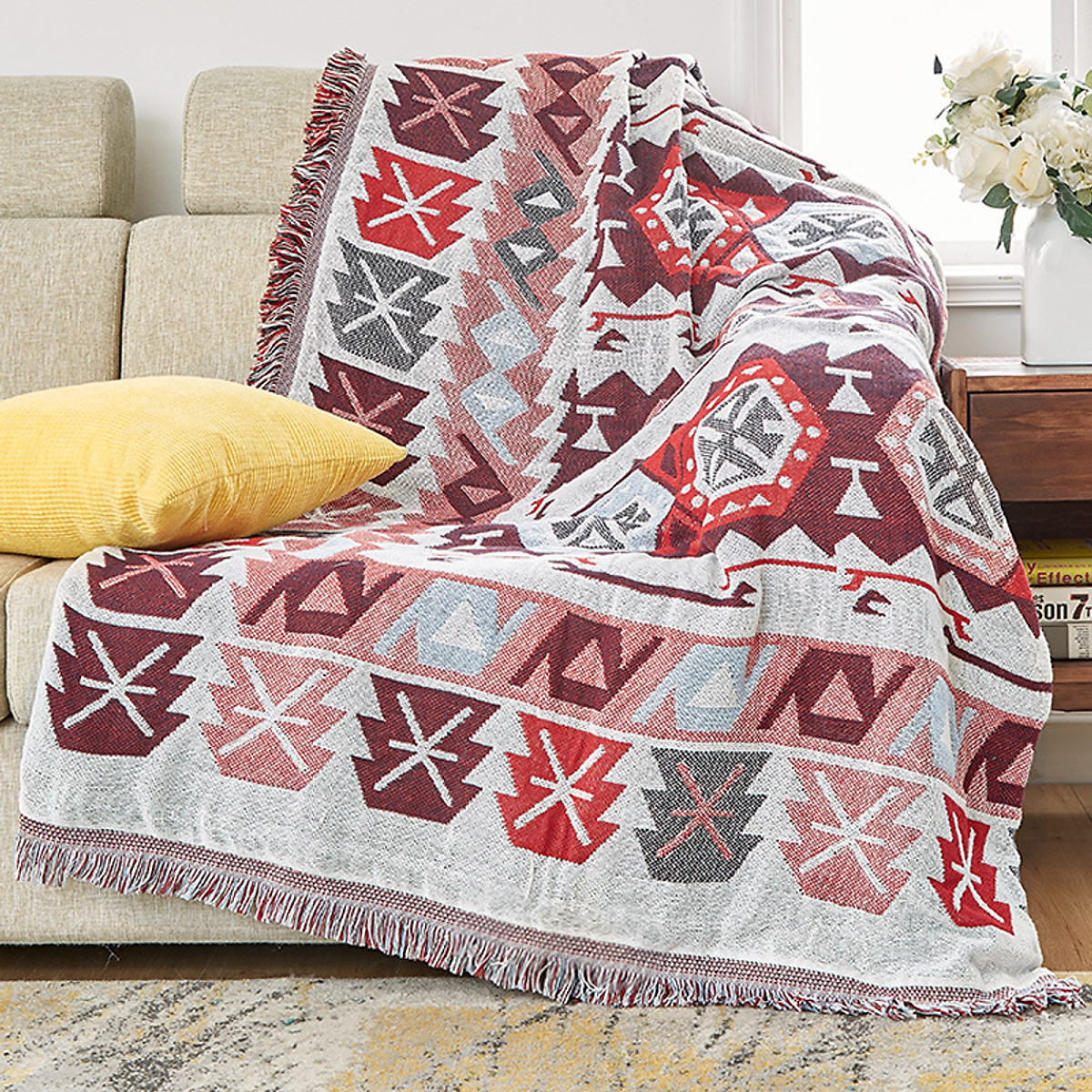 Thảm cotton phủ ghế sofa Thảm khăn trang trí phong cách Âu Mỹ tông đỏ