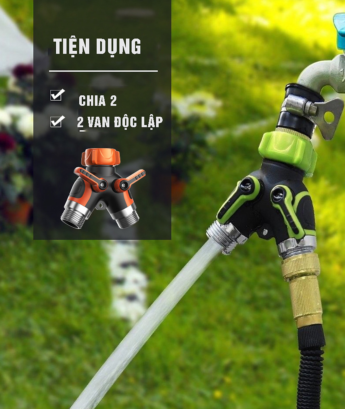 Van chia nước chia 2 chữ Y 2 đầu ra, 2 khóa van độc lập, phi 27mm ¾, đầu nối ống nước chia 2