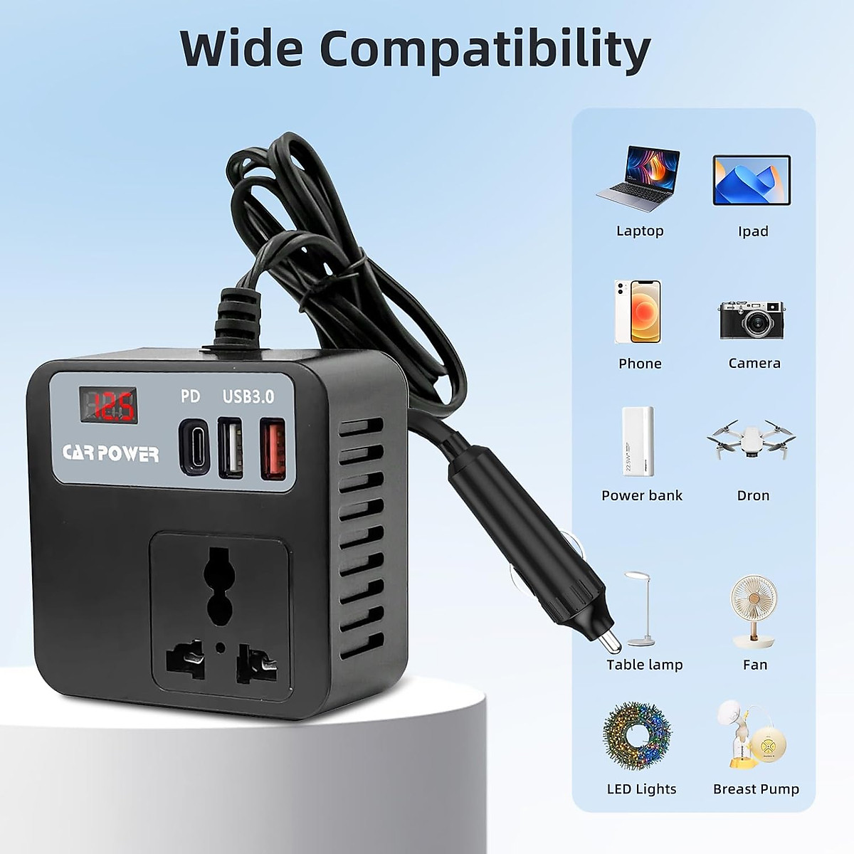 Bộ Chuyển Đổi, Biến Tần Đa Năng 12V/24V Sang 110V/220V Cho Xe hơi, Ô tô. 1 Type C - 2 cổng USB có sạc nhanh QC3.0, Bật Lửa