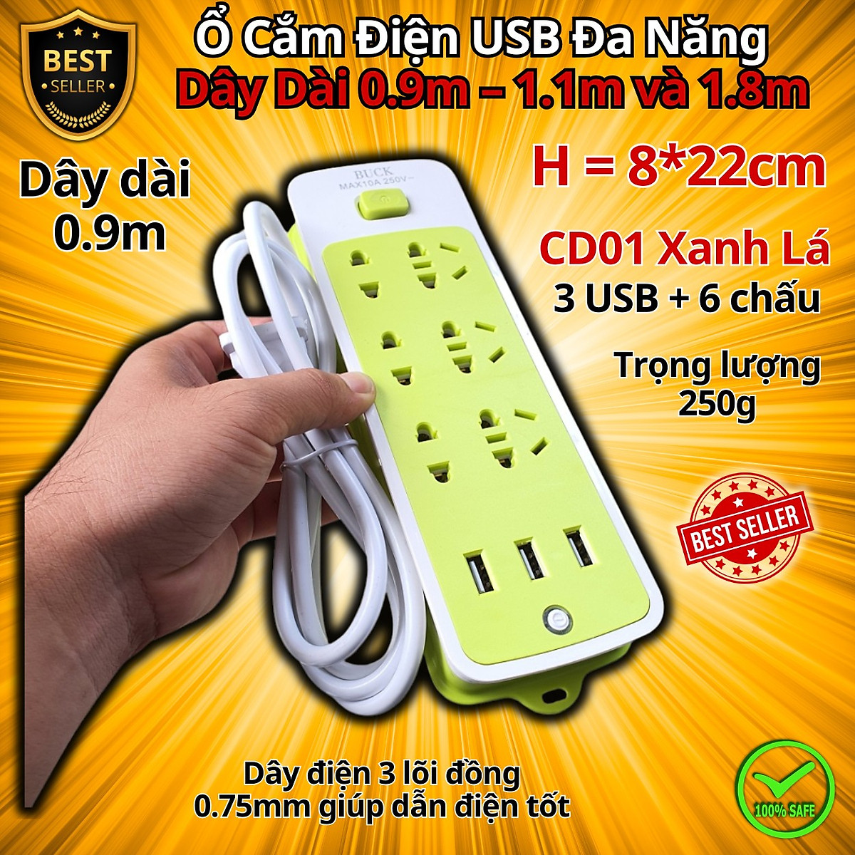 Ổ Cắm Điện USB Đa Năng Cao Cấp Chống Giật Dây Dài 0.9m – 1.1m và 1.8m, Ổ Cắm Điện Công Suất 2500W Có Chốt An Toàn Tiện Lợi, Chính Hãng
