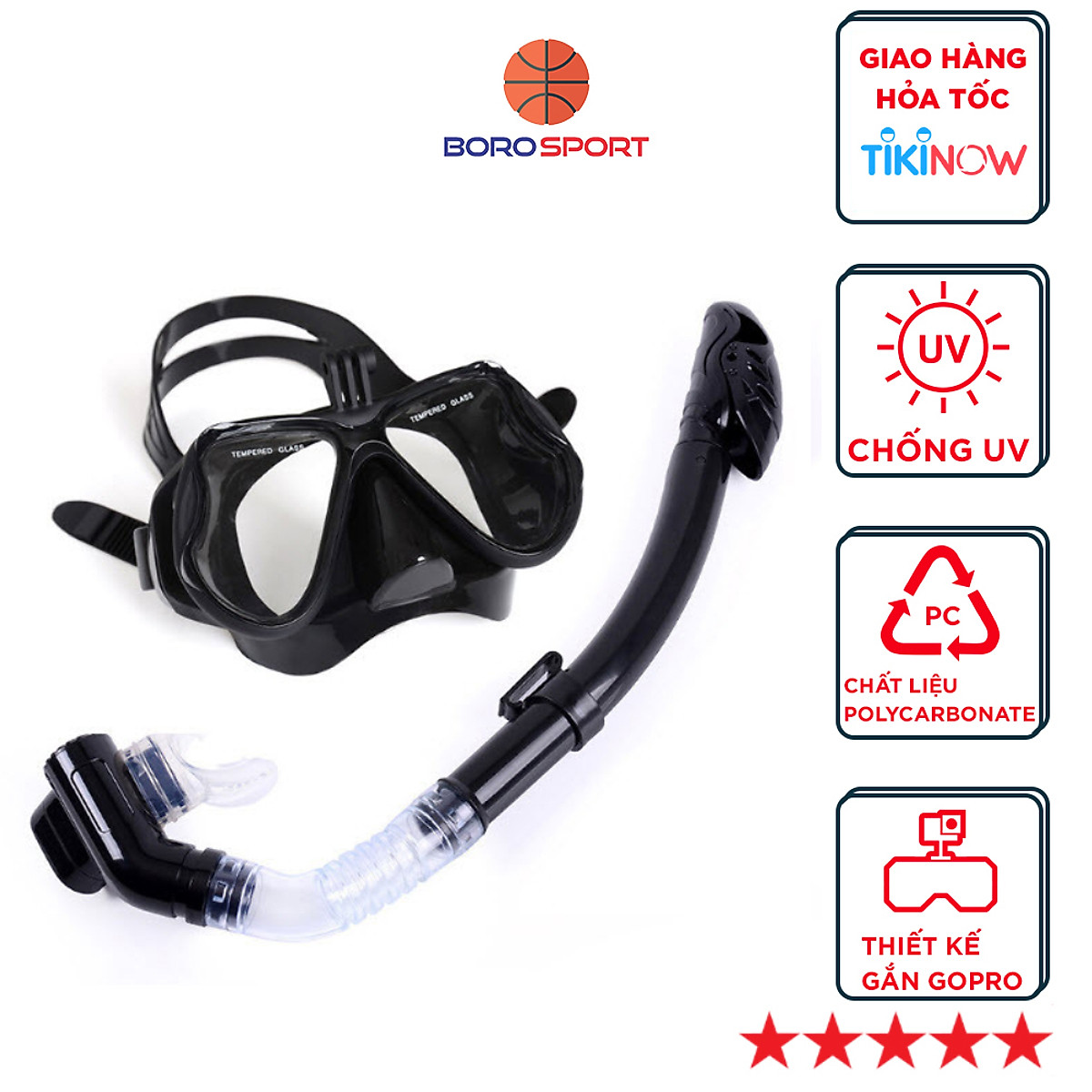 Mặt Nạ Lặn Kính Cường Lực YESURE chất liệu Polycarbonate chống hơi nước, dây đeo và phần viền silicon tạo cảm giác thoải mái khi đeo , chống tia UV có chân gắn Gopro - Kèm ống thở van 1 chiều cao cấp
