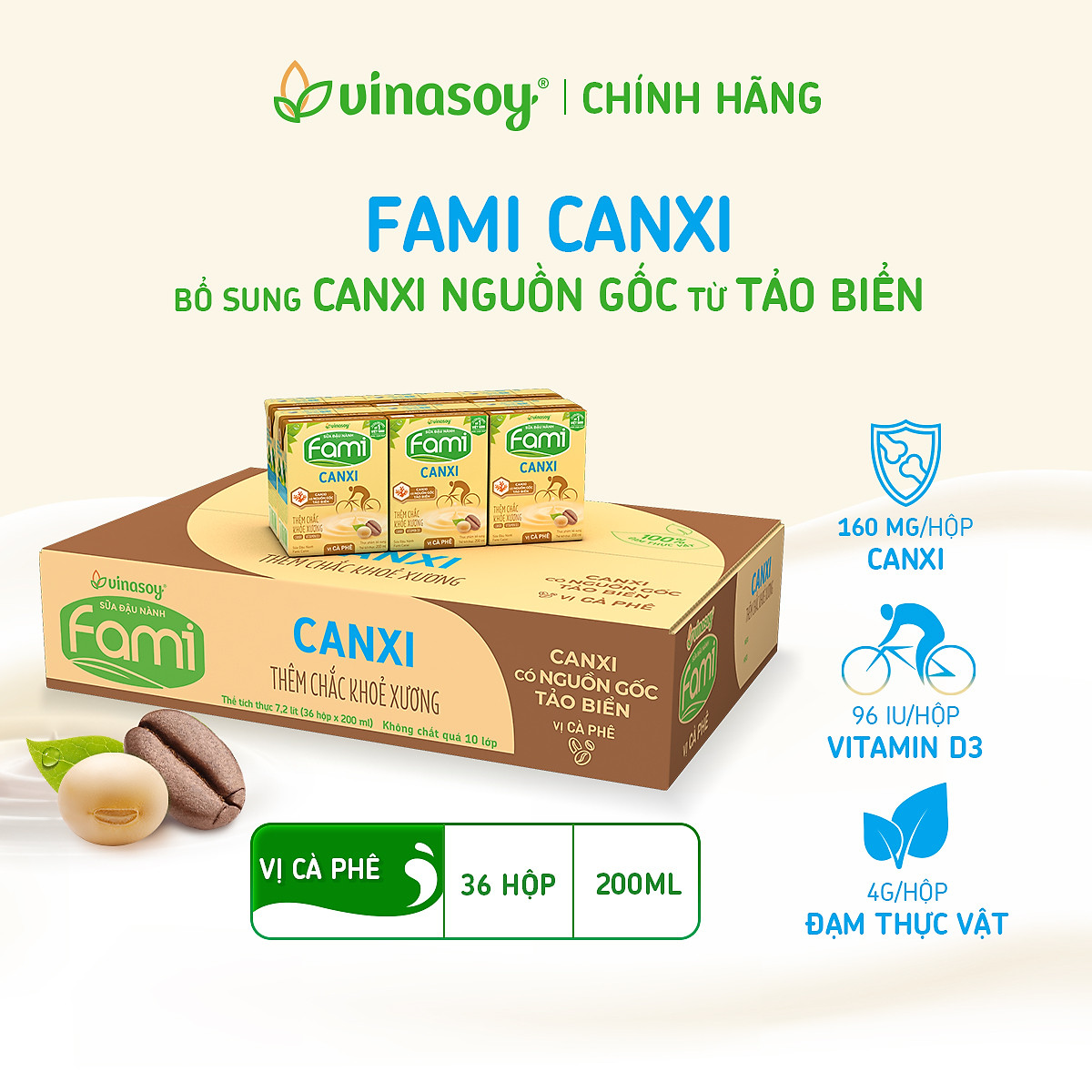 Thùng Sữa đậu nành Fami Canxi vị Cà Phê (200ml x 36 Hộp)