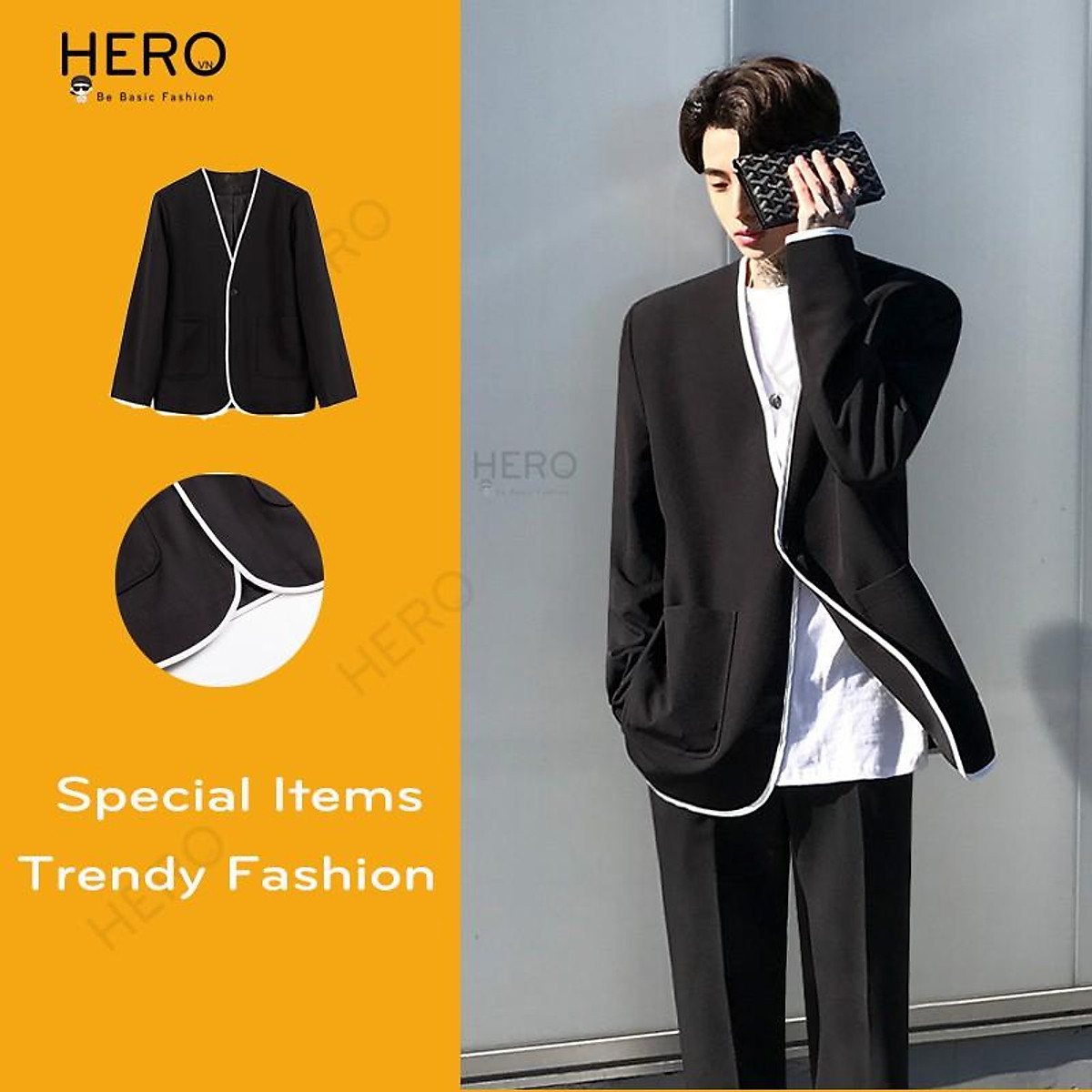Mua Áo Blazer Nam Dài Tay Form Dáng Rộng Phối Viến Trắng Không Cổ Thời Trang Hero Phong Cách Hàn Quốc BZ13 Mua Áo Blazer Nam Dài Tay Form Dáng Rộng Phối Viến Trắng Không Cổ Thời Trang Hero Phong Cách Hàn Quốc Bz13