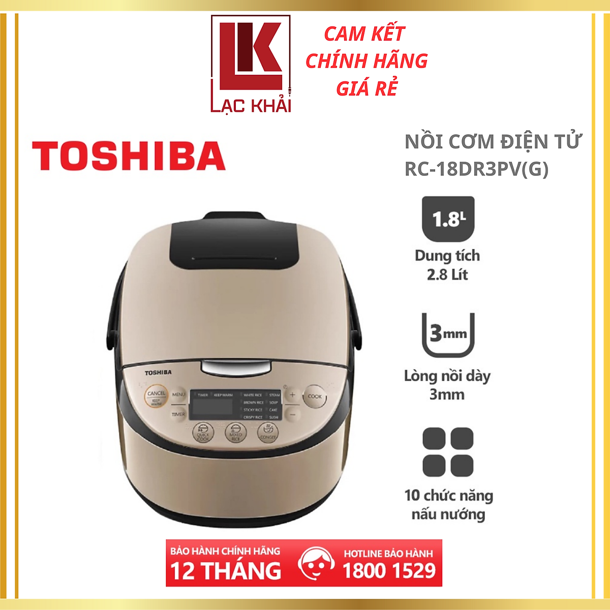 Nồi cơm điện tử Toshiba 1.8 lít RC-18DR3PV(G) - Hàng chính hãng - Bảo hành chính hãng 12 tháng, Chất lượng Nhật Bản