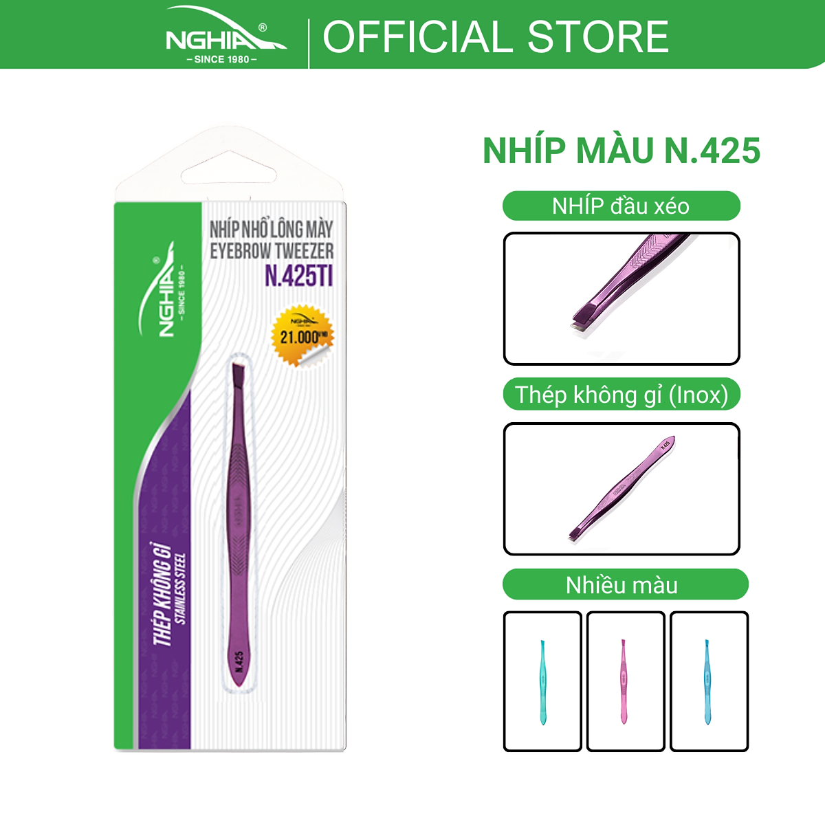 Nhíp Inox Đầu Xéo Nhổ Lông Mày Cao Cấp Kềm Nghĩa N.425