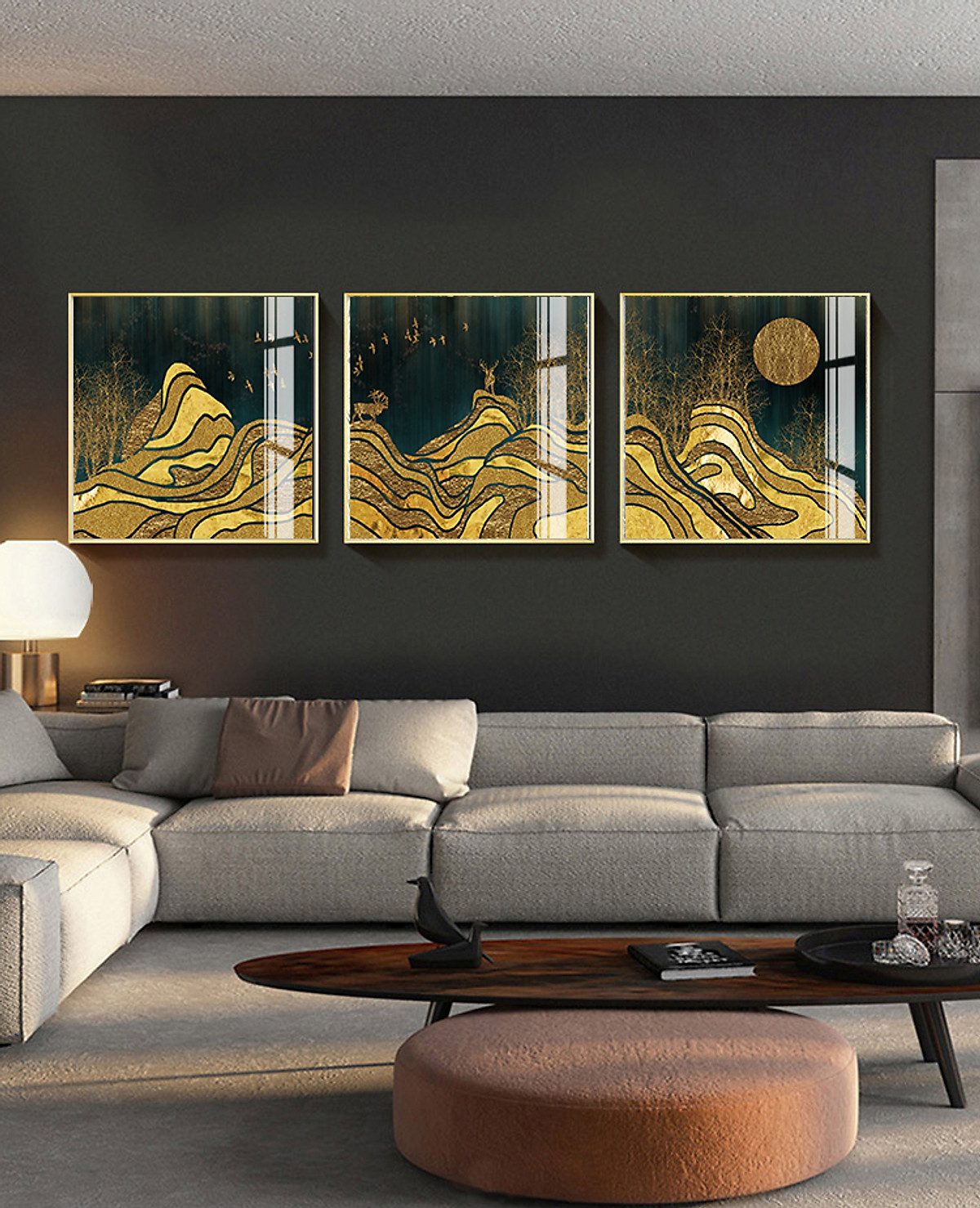 Tranh Phong Thuỷ Mica 3 Bức Núi Vàng Trùng Điệp Trừu Tượng (Sa Trung Thổ).  Model: