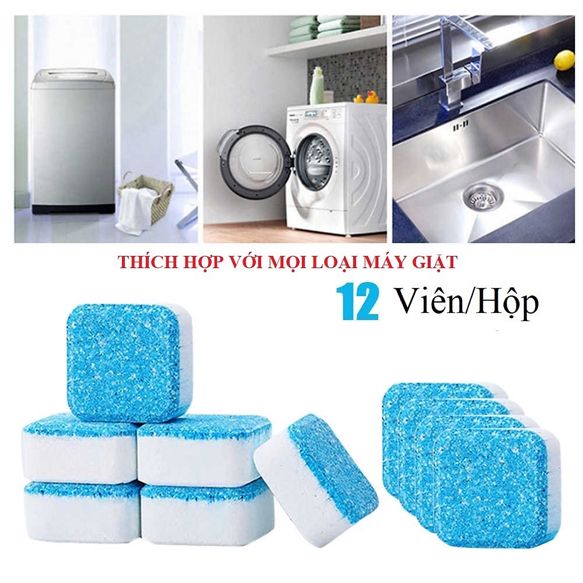 Set hộp 12 viên tẩy sạch lồng máy giặt , loại bỏ cặn lắng và chất bẩn gây mùi hôi trong máy giặt ,   giúp làm sạch quần áo , phù hợp với tất cả các loại máy giặt