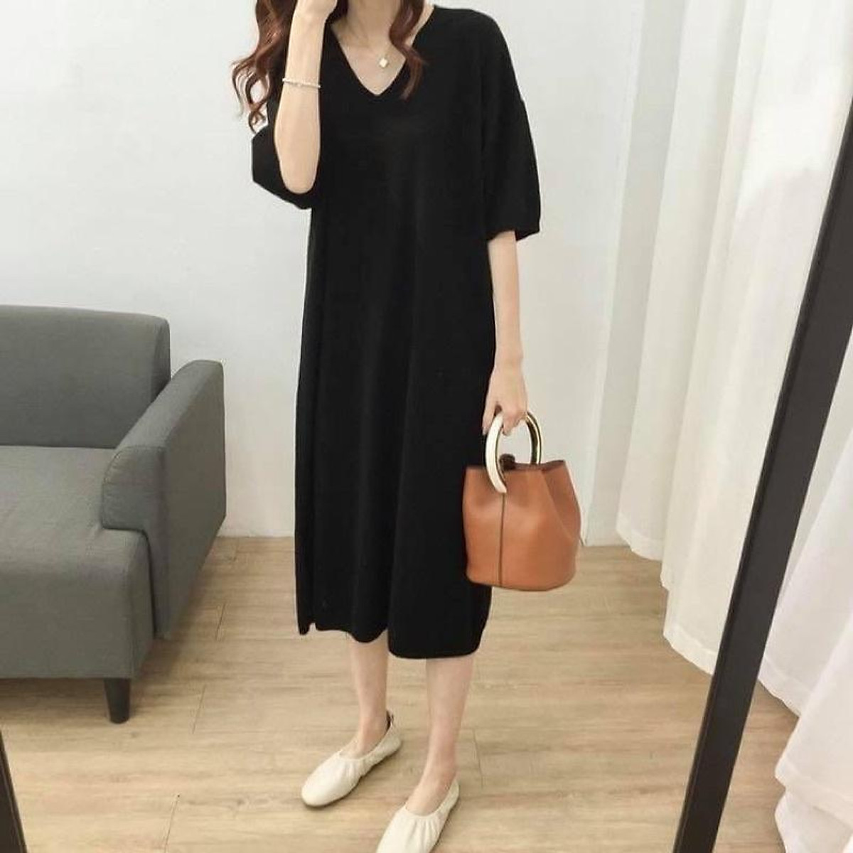Váy đầm len cổ tím cúc hoa Rose