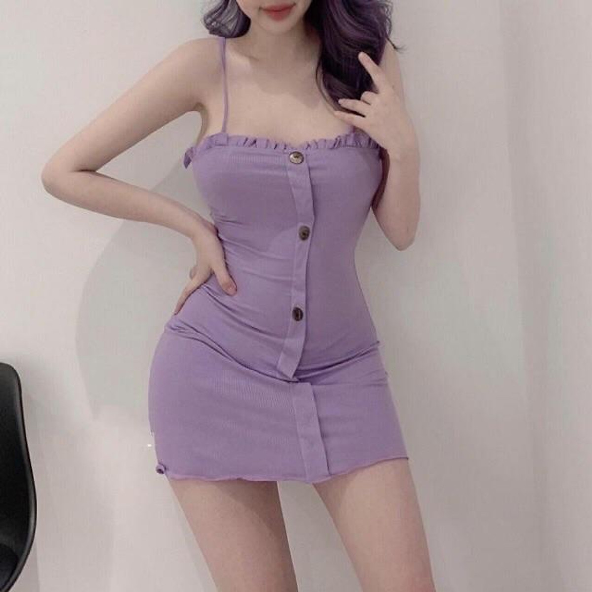 Đầm váy hai dây - Váy body nữ viền bèo phối cúc sexy tôn dáng chất đẹp