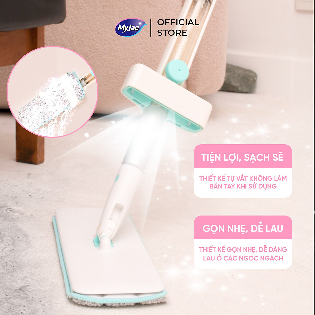 Cây Lau Nhà MyJae Sợi Microfiber Tự Vắt Phun Sương Xoay 360 Độ Thông Minh 138cm