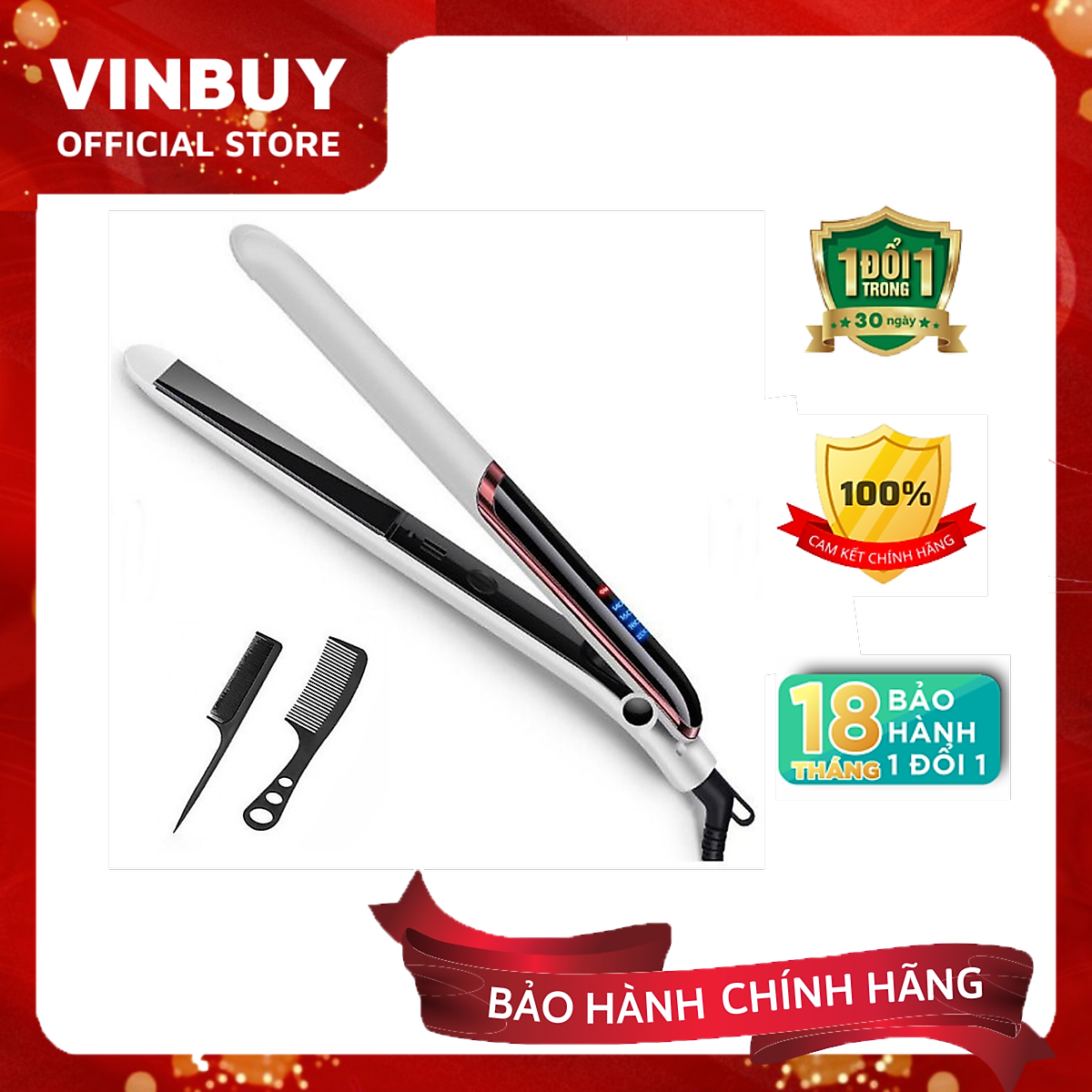 Máy Là, Ép, Uốn Tóc Cao Cấp TẶNG KÈM 02 Lược Chải Tóc Đa Năng 3 Trong 1 Cao Cấp Sang Trọng - Dùng Cho Salon Tóc & Tại Nhà – Chính Hãng VinBuy