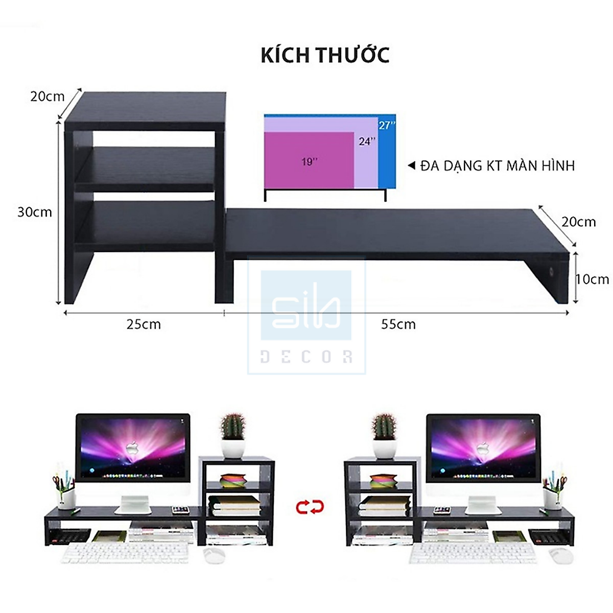 Kệ Để Màn Hình Và Kệ Sách Để Bàn 3 Tầng Cho Văn Phòng SIB Decor KDB09